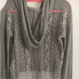gray sweater with hood. lace on the back
